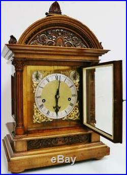 Large Antique German Carved Walnut Westminster Chime Musical Bracket Clock