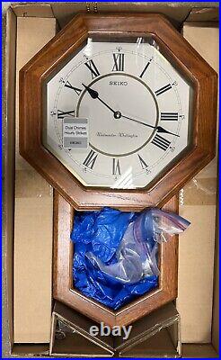 Light Oak Traditional Schoolhouse Wall Clock with Chime & Pendulum Seiko