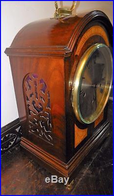Mahogany inlaid westminster chimes bracket clock on 5 coil gongs