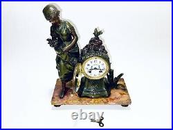 Majestic Antique French Mantle Clock With Brass Sculpture By Moreau On Marble