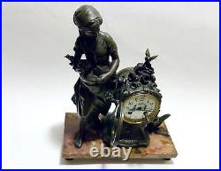 Majestic Antique French Mantle Clock With Brass Sculpture By Moreau On Marble