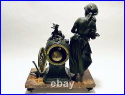 Majestic Antique French Mantle Clock With Brass Sculpture By Moreau On Marble