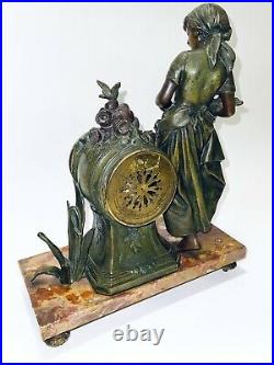 Majestic Antique French Mantle Clock With Brass Sculpture By Moreau On Marble