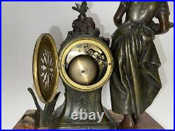 Majestic Antique French Mantle Clock With Brass Sculpture By Moreau On Marble