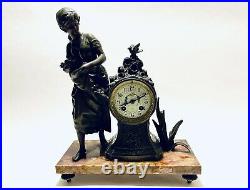 Majestic Antique French Mantle Clock With Brass Sculpture By Moreau On Marble