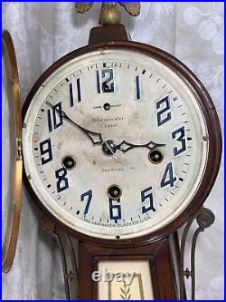 New Haven Banjo Clock 29 Tall Runs & Strikes Whitney Model Mahogany Case