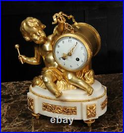 ORMOLU & WHITE MARBLE ANTIQUE FRENCH CLOCK PUTTO in CLOUDS PLAYING a DRUM C1880