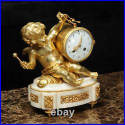 ORMOLU & WHITE MARBLE ANTIQUE FRENCH CLOCK PUTTO in CLOUDS PLAYING a DRUM C1880