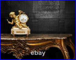 ORMOLU & WHITE MARBLE ANTIQUE FRENCH CLOCK PUTTO in CLOUDS PLAYING a DRUM C1880