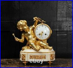 ORMOLU & WHITE MARBLE ANTIQUE FRENCH CLOCK PUTTO in CLOUDS PLAYING a DRUM C1880