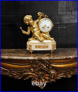 ORMOLU & WHITE MARBLE ANTIQUE FRENCH CLOCK PUTTO in CLOUDS PLAYING a DRUM C1880