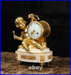 ORMOLU & WHITE MARBLE ANTIQUE FRENCH CLOCK PUTTO in CLOUDS PLAYING a DRUM C1880