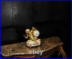 ORMOLU & WHITE MARBLE ANTIQUE FRENCH CLOCK PUTTO in CLOUDS PLAYING a DRUM C1880