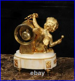 ORMOLU & WHITE MARBLE ANTIQUE FRENCH CLOCK PUTTO in CLOUDS PLAYING a DRUM C1880