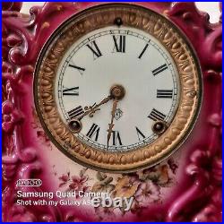Rare Antique Ansonia Warlock Pink Hand Painted Porcelain Mantel Clock, WORKS