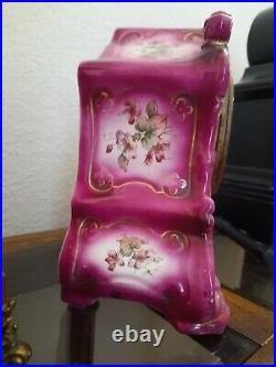 Rare Antique Ansonia Warlock Pink Hand Painted Porcelain Mantel Clock, WORKS