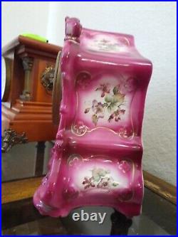 Rare Antique Ansonia Warlock Pink Hand Painted Porcelain Mantel Clock, WORKS