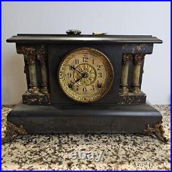 Seth Thomas Marbled Adamantine Mantel Clock Pillars Lions Heads TESTED WORKS USA