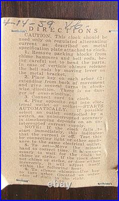 Seth Thomas Westminter Chime Clock April 14, 1959 Missing Power Cord
