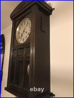 Shabby Chic Vintage Wooden Cased Chiming Wall Mounted Clock With Pendulum & Key