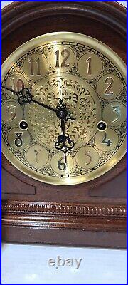 Sligh Mahogany Burled Wood Triple Chime Mantle Clock, Hermle Movement
