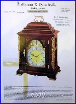 Superb Marton & Gain Westminster Chimes Mantel Clock Spanish Walnut Handmade 14