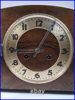 VTG Mantel Clock-working key wind Westmister chime burled mahogany E. Quade