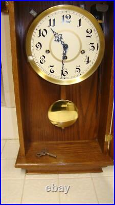 Vintage ALL wood, Beautiful Wall Clock/ Original Key & Pendulum, TESTED EC