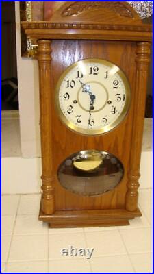 Vintage ALL wood, Beautiful Wall Clock/ Original Key & Pendulum, TESTED EC