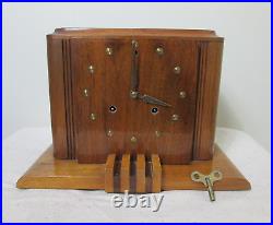 Vintage Art Deco Style Mantle Clock Wood-Pendulum-Key 9.5 H x 14W