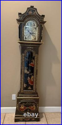 Vintage Chinoiserie REGULADORA Westminster Chime Black Laquer Grandfather Clock