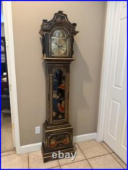 Vintage Chinoiserie REGULADORA Westminster Chime Black Laquer Grandfather Clock