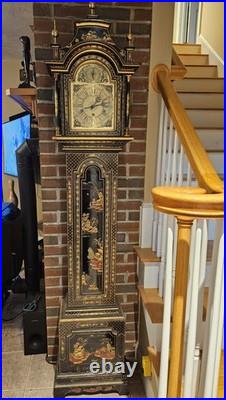 Vintage Chinoiserie REGULADORA Westminster Chime Black Laquer Grandfather Clock