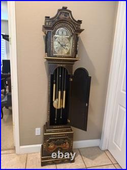 Vintage Chinoiserie REGULADORA Westminster Chime Black Laquer Grandfather Clock
