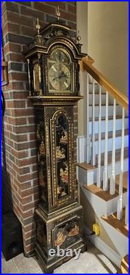 Vintage Chinoiserie REGULADORA Westminster Chime Black Laquer Grandfather Clock