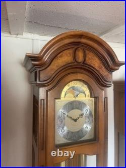Vintage Howard Miller Grandfather Clock Triple Chime Moon Phase Wood Brass 8-Day