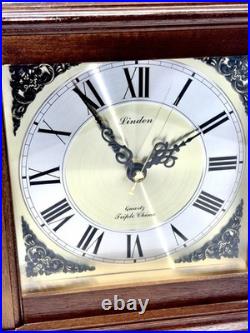 Vintage Linden Triple Chime Quartz Mantel Clock Wooden With Brass Details