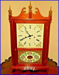 Vintage Original Antique Pillar & Scroll Reverse Painted Mahogany Bracket Clock