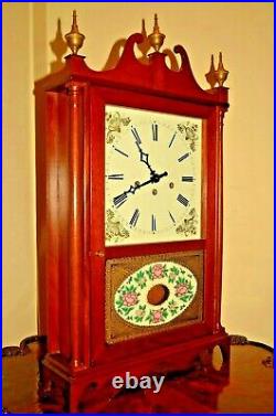 Vintage Original Antique Pillar & Scroll Reverse Painted Mahogany Bracket Clock