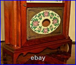 Vintage Original Antique Pillar & Scroll Reverse Painted Mahogany Bracket Clock