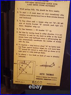 Vintage Seth Thomas Legacy IV 8-Day Keywound A-400 Series Chime Mantel Clock