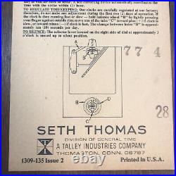 Vintage Seth Thomas Mantle Clock Document Model 1309 Westminster Chime 8 Day