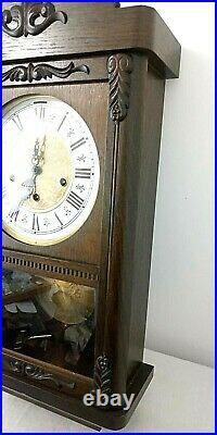 Vintage Western Germany Pendulum Key Wound Wood Clock Chimes Striking Wall Clock