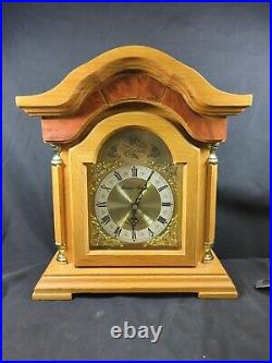 Vintage Westminster Chime Mantle Clock Oak Cabinet Daniel Dakota Gold Accents