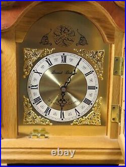 Vintage Westminster Chime Mantle Clock Oak Cabinet Daniel Dakota Gold Accents