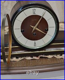 Vintage Zentra Mantel Clock FHS Walnut Art Deco Rare Face (Working) 3 chime