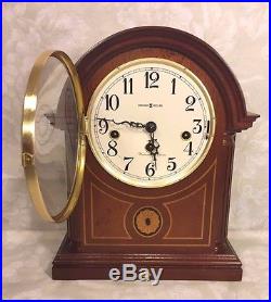 Vtg Howard Miller Mantel Clock Inlaid Wood Case Runs Strikes Westminster Chimes